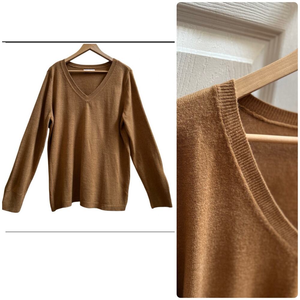 Croft Barrow Camel Knit V Neck Pullover Sweater Soft XXL Minimalist Preppy